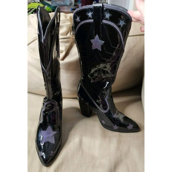 Size 6 YRU Space Cowgirl Boots Black Patent Leather Stars - Picture 1 of 9
